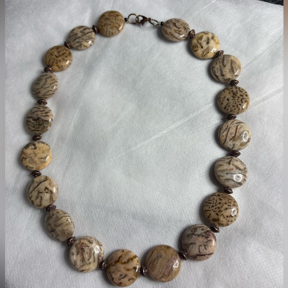 Natural Jasper puff coin necklace 18 inches